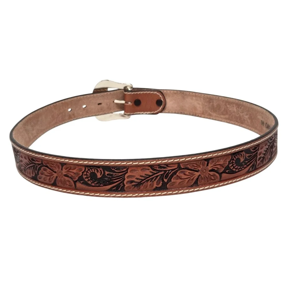 New Tony Lama Belt Mens 38 Brown Floral Tooled Leather Western Silver Buckle